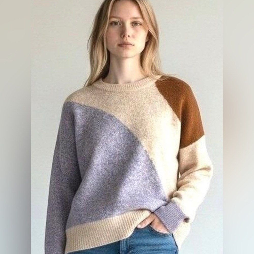 Madewell Cozy Colorblock Crewneck Sweater - Lavender, Cream & Brown L